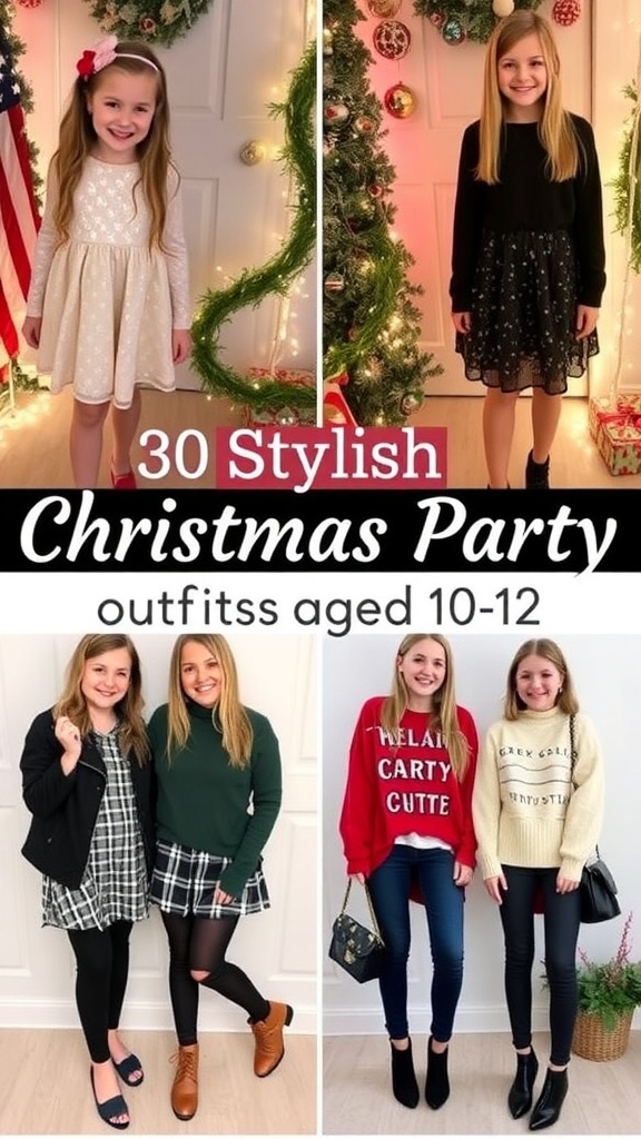 A collection of trendy Christmas party outfits for 10-12 year olds, including dresses, sweaters, and casual styles.